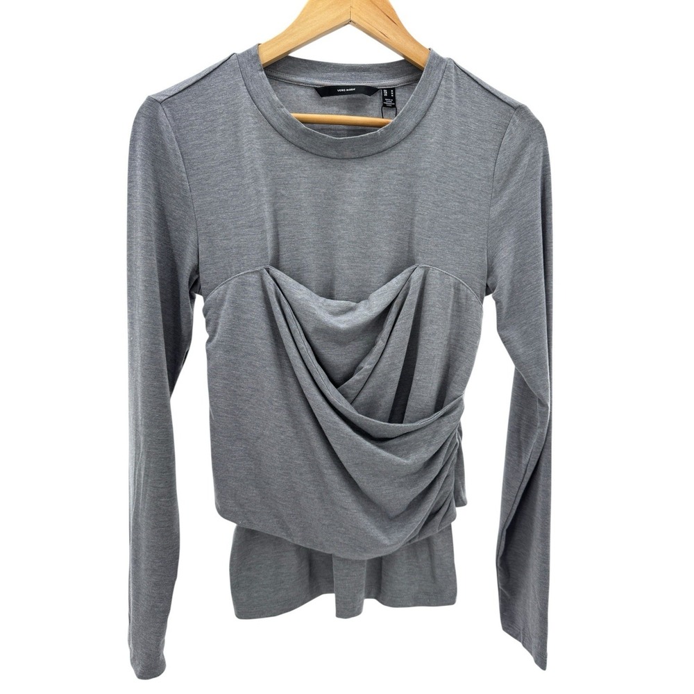 Vero Moda Nelly Ruched Knit Shirt Corset Top Gray Size Medium Long Sleeve NWT - Picture 2 of 8